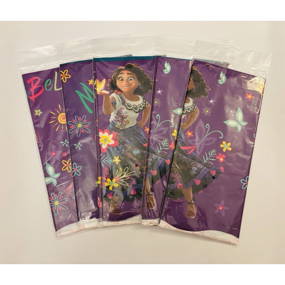Lot of 5 Encanto Mirabel Plastic Table Covers- Floral Purple & White Party Decor